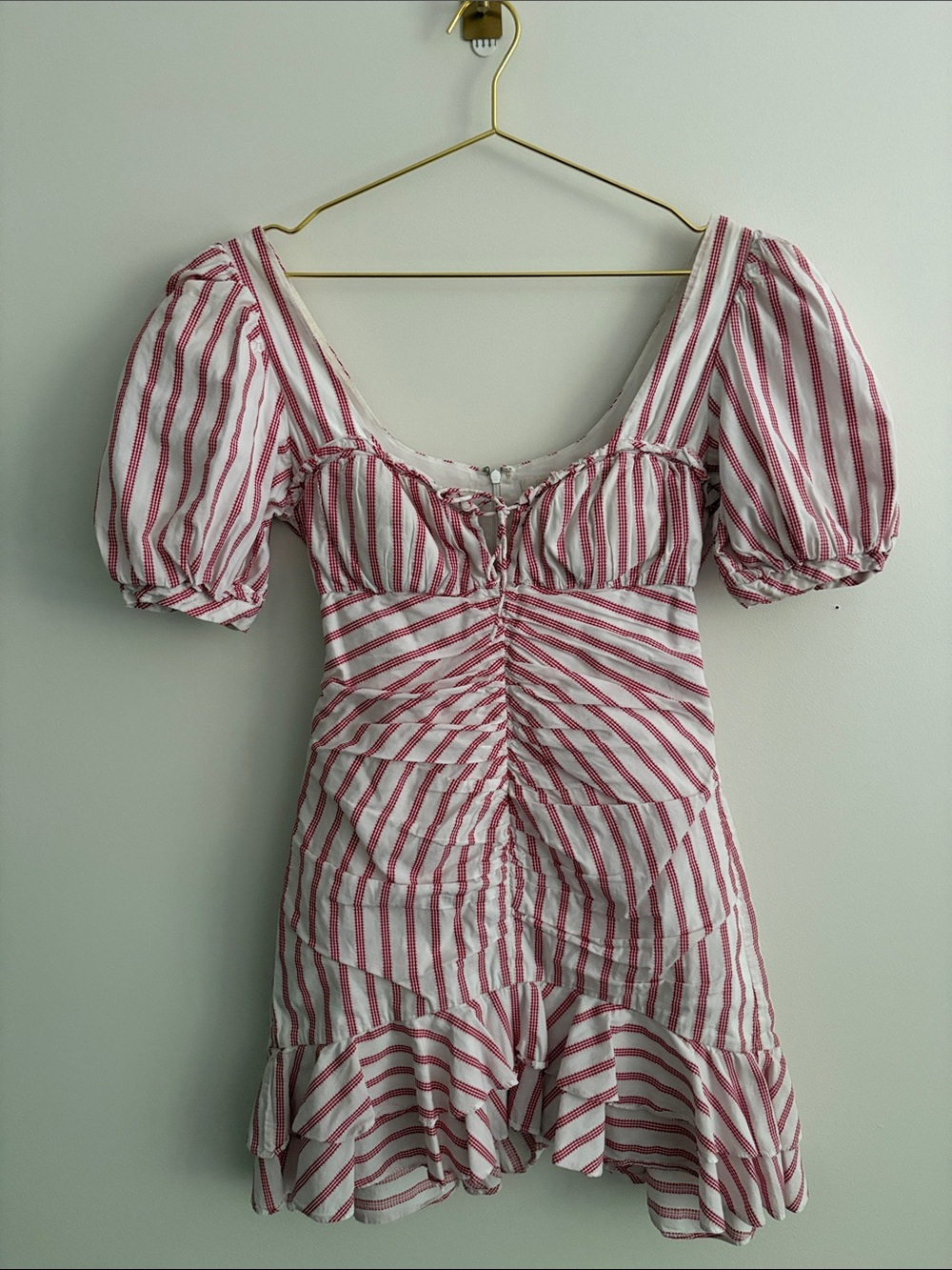Jonathan Simkhai Puff Sleeve Ruffle Dress in Red & White Gingham Stripe Size 4